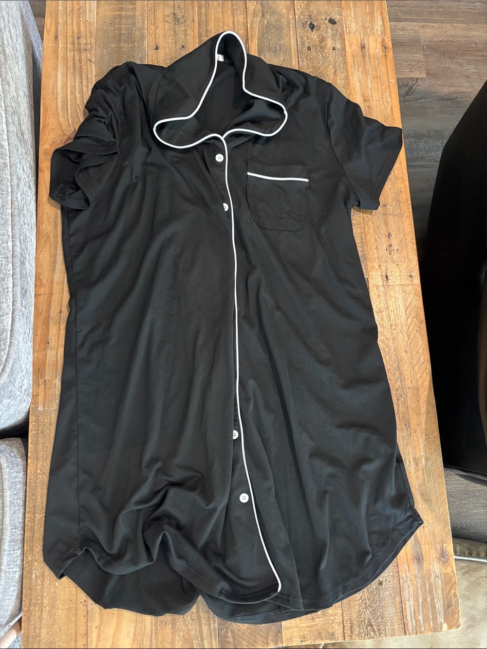 Black Short Sleeve Button Front Nightshirt with White Piping